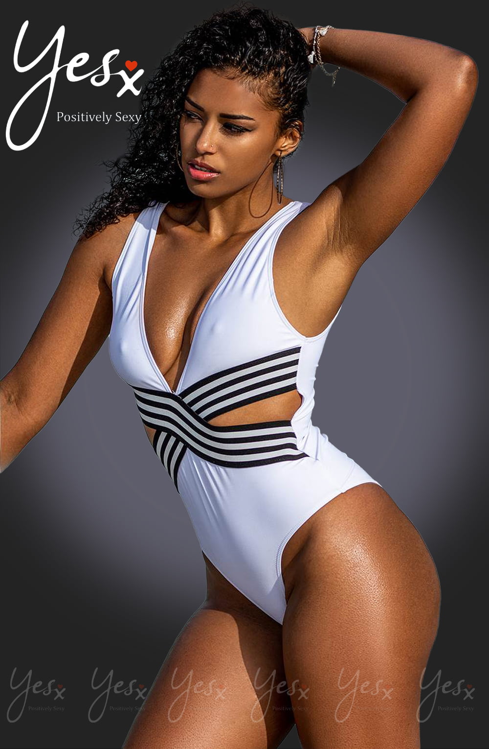YesX White One Piece Swimsuit with Deep Neckline and Cut Out Panels