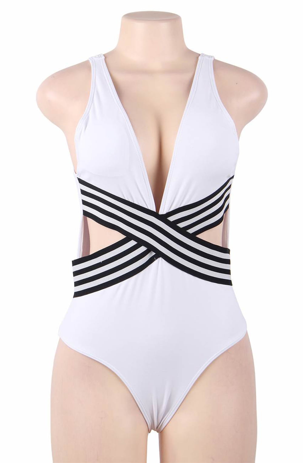 YesX White One Piece Swimsuit with Deep Neckline and Cut Out Panels