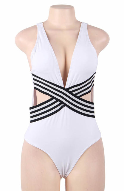 YesX White One Piece Swimsuit with Deep Neckline and Cut Out Panels