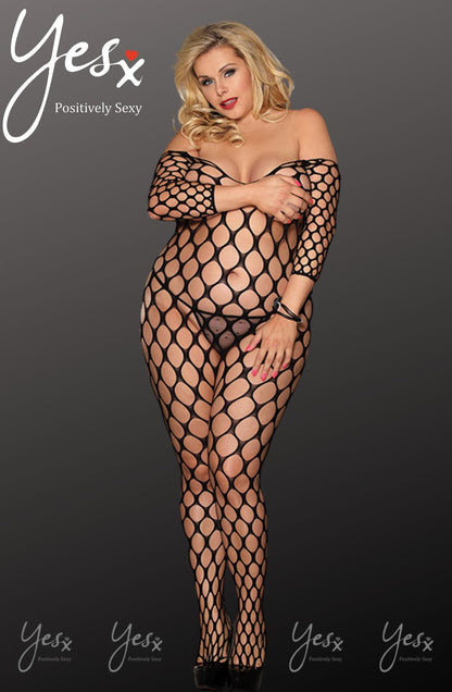 YesX Plus Size Mesh Jumpsuit with All Over Holey Design and Three Quarter Sleeves
