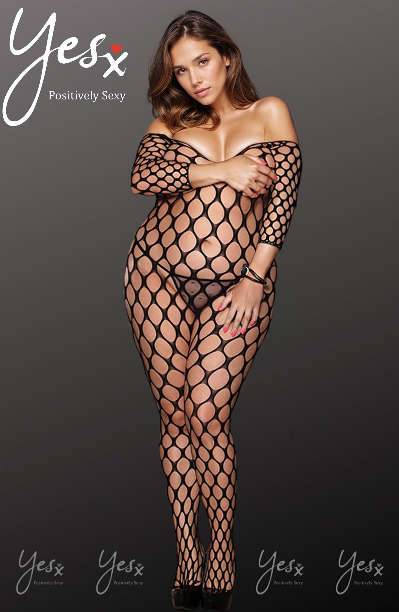 YesX Plus Size Mesh Jumpsuit with All Over Holey Design and Three Quarter Sleeves
