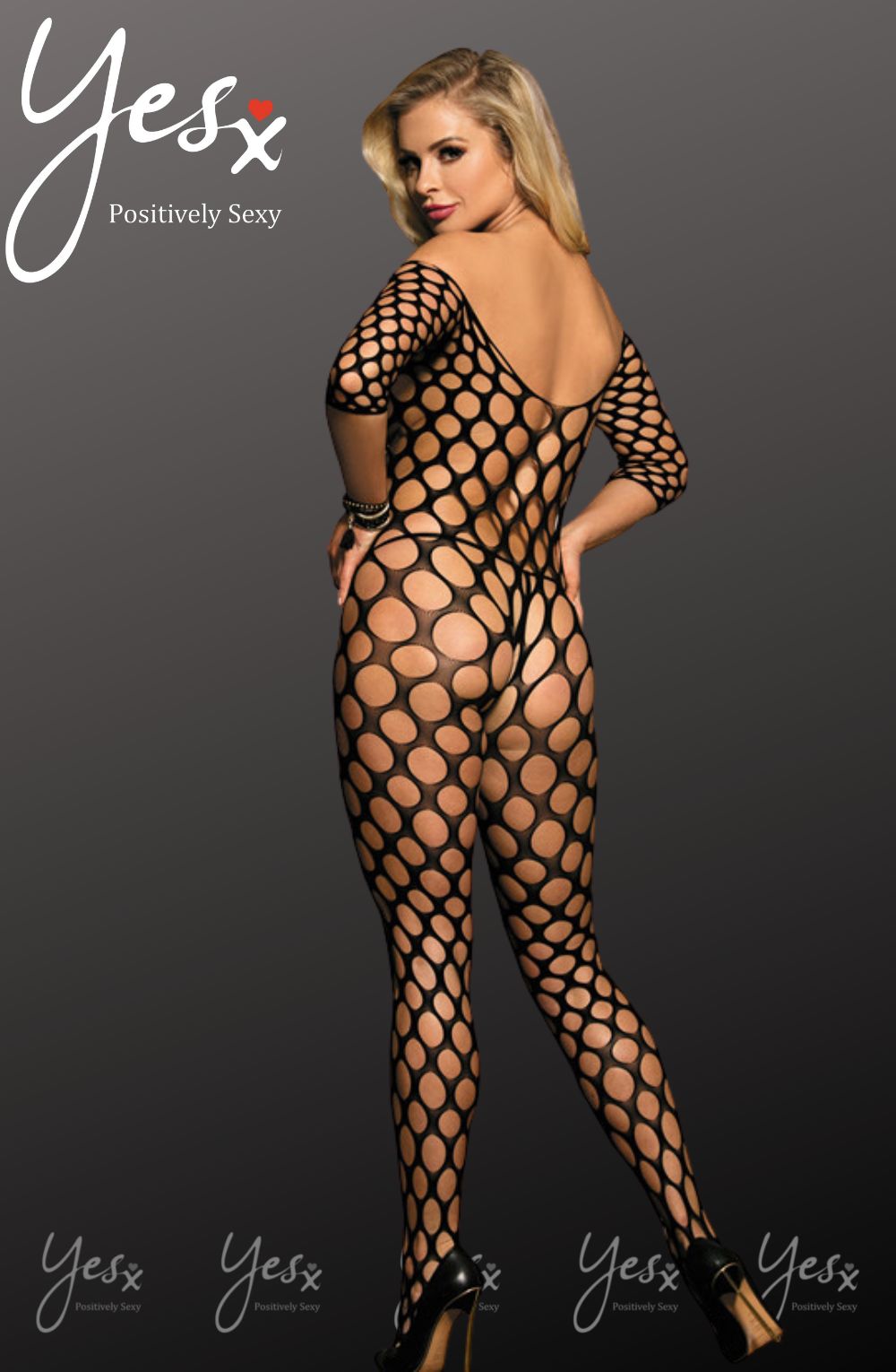 YesX YX Mesh Jumpsuit with Three Quarter Sleeves and All Over Holey Pattern