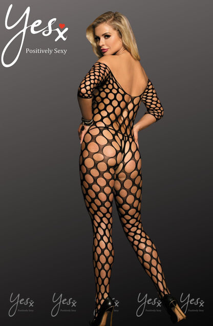 YesX YX Mesh Jumpsuit with Three Quarter Sleeves and All Over Holey Pattern