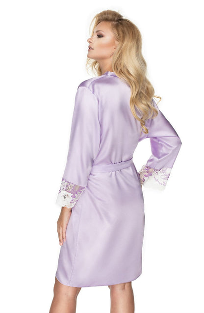 Irall Andromeda Lavender Satin Dressing Gown with Floral Lace Trim