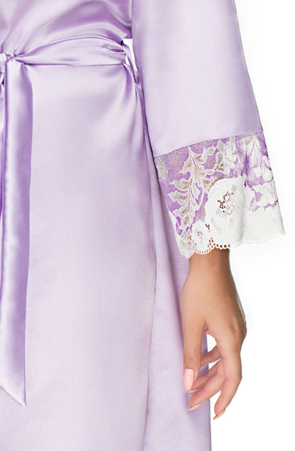 Irall Andromeda Lavender Satin Dressing Gown with Floral Lace Trim