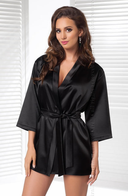 Irall Aria Satin Dressing Gown Black with Waist Belt for Women