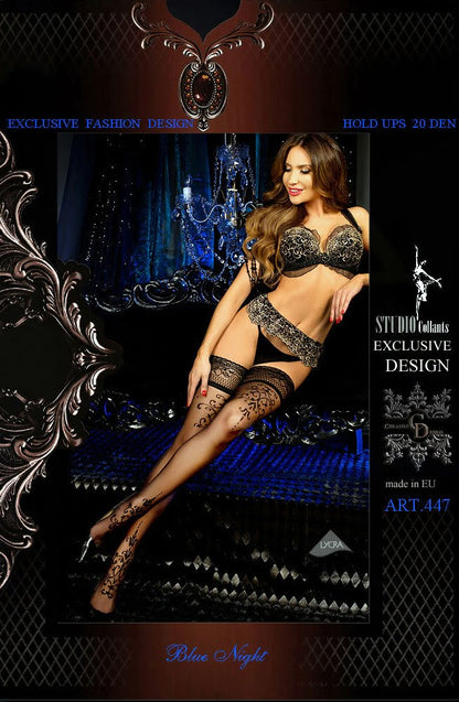 Ballerina Black Hold Ups with Swirly Pattern and Lace Trim