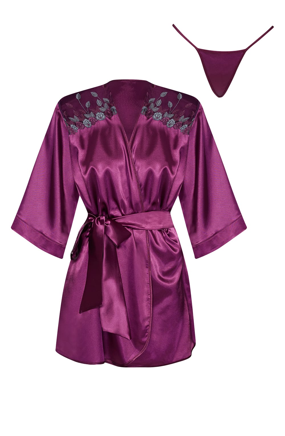 Beauty Night Burgundy Satin Peignoir Robe with Lace and Matching Underwear Set - Bodybloom