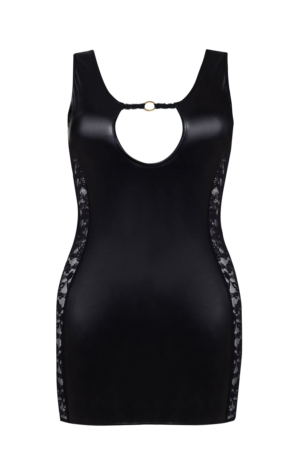 Beauty Night Hollie Black Mini Dress with Lace Panels Wetlook Finish - Bodybloom