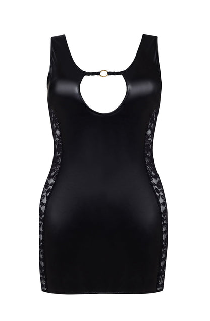 Beauty Night Hollie Black Mini Dress with Lace Panels Wetlook Finish - Bodybloom