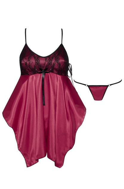 Beauty Night Julieta Purple Satin Chemise with Black Lace and Matching Matching Brief Set - Bodybloom