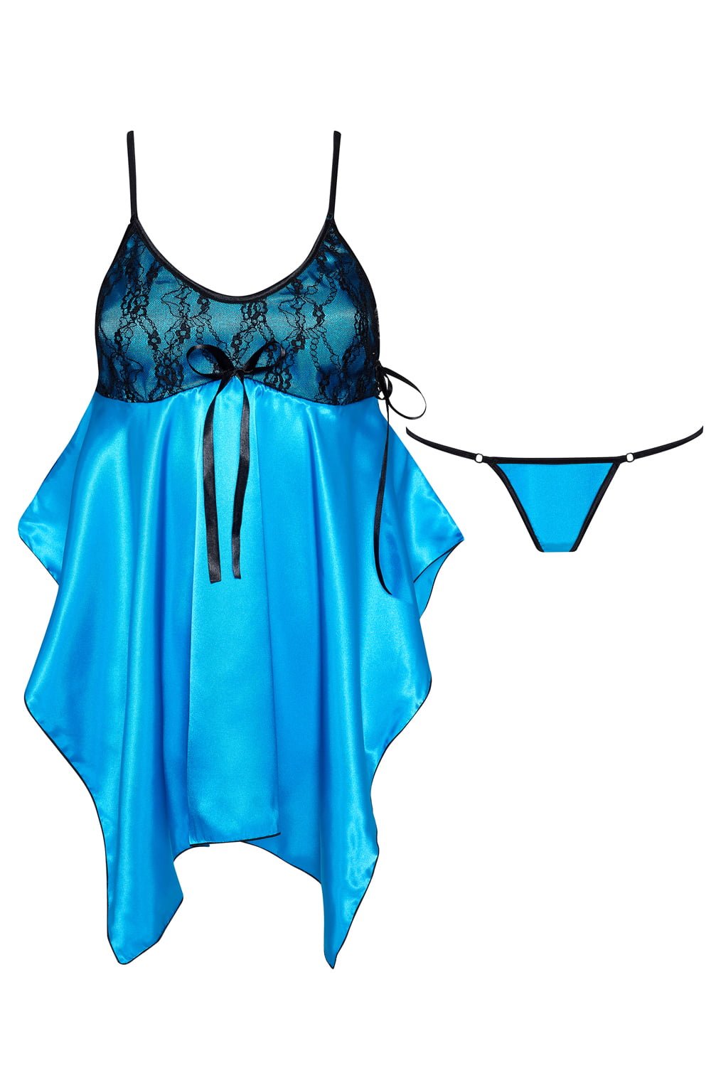 Beauty Night Julieta Turquoise Satin Chemise with Black Lace and Matching Matching Brief Set - Bodybloom