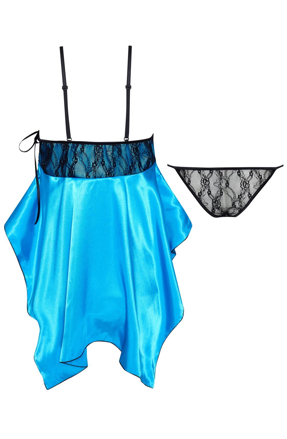 Beauty Night Julieta Turquoise Satin Chemise with Black Lace and Matching Matching Brief Set - Bodybloom