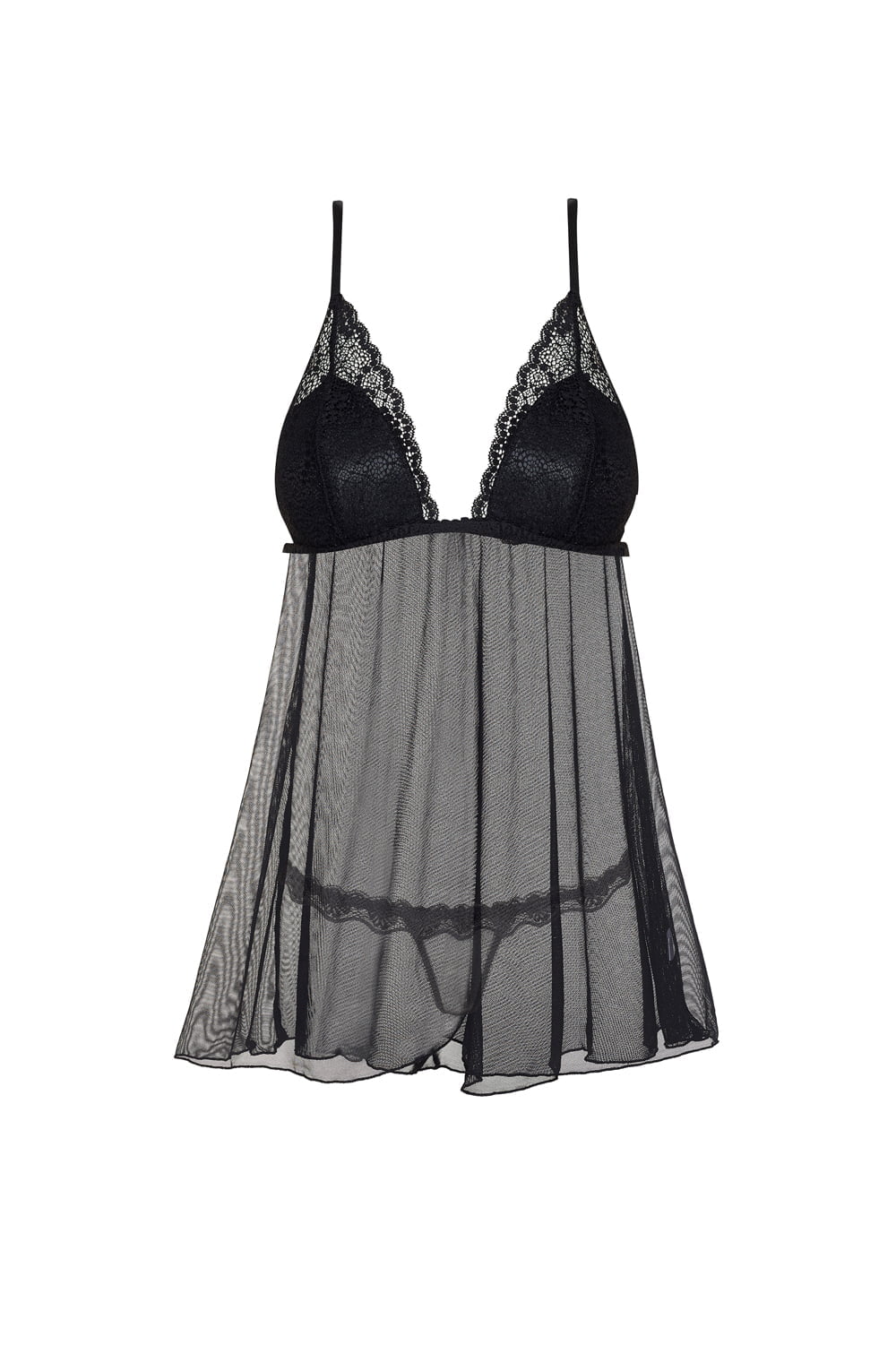 Beauty Night Lauren Black Lace and Tulle Chemise with Adjustable Straps and Matching Brief Set - Bodybloom