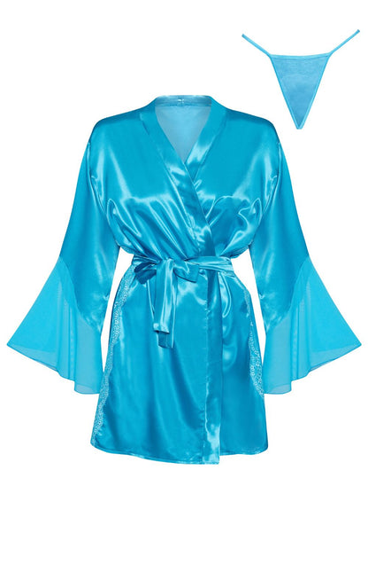 Beauty Night Marlene Turquoise Satin Peignoir Robe with Lace Inserts and Matching Matching Brief Set - Bodybloom