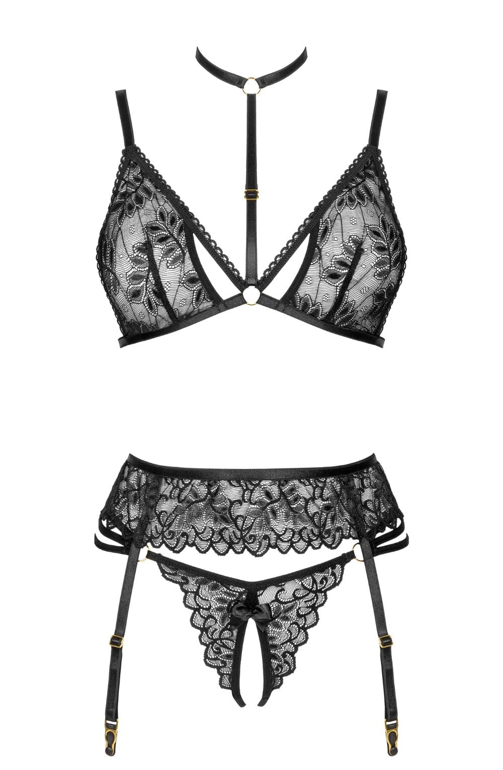Beauty Night Noemi Black Lace Nightwear Set with Bra, Matching Brief, and waist detail Belt - Bodybloom