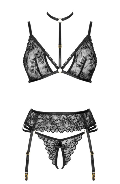 Beauty Night Noemi Black Lace Nightwear Set with Bra, Matching Brief, and waist detail Belt - Bodybloom