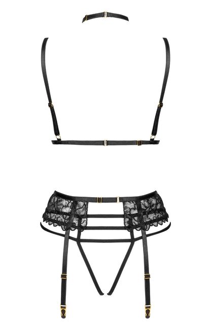 Beauty Night Noemi Black Lace Nightwear Set with Bra, Matching Brief, and waist detail Belt - Bodybloom