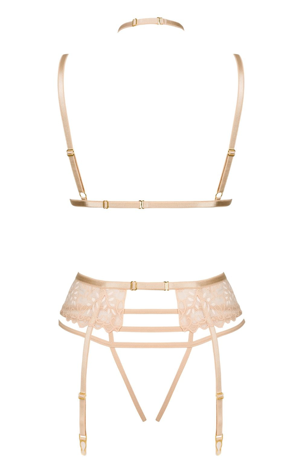 Beauty Night Noemi Nude Lace Nightwear Set with Bra, Matching Brief, and waist detail Belt - Bodybloom
