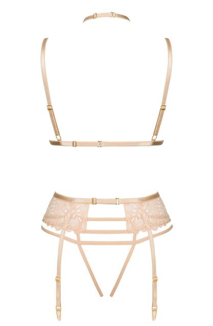 Beauty Night Noemi Nude Lace Nightwear Set with Bra, Matching Brief, and waist detail Belt - Bodybloom