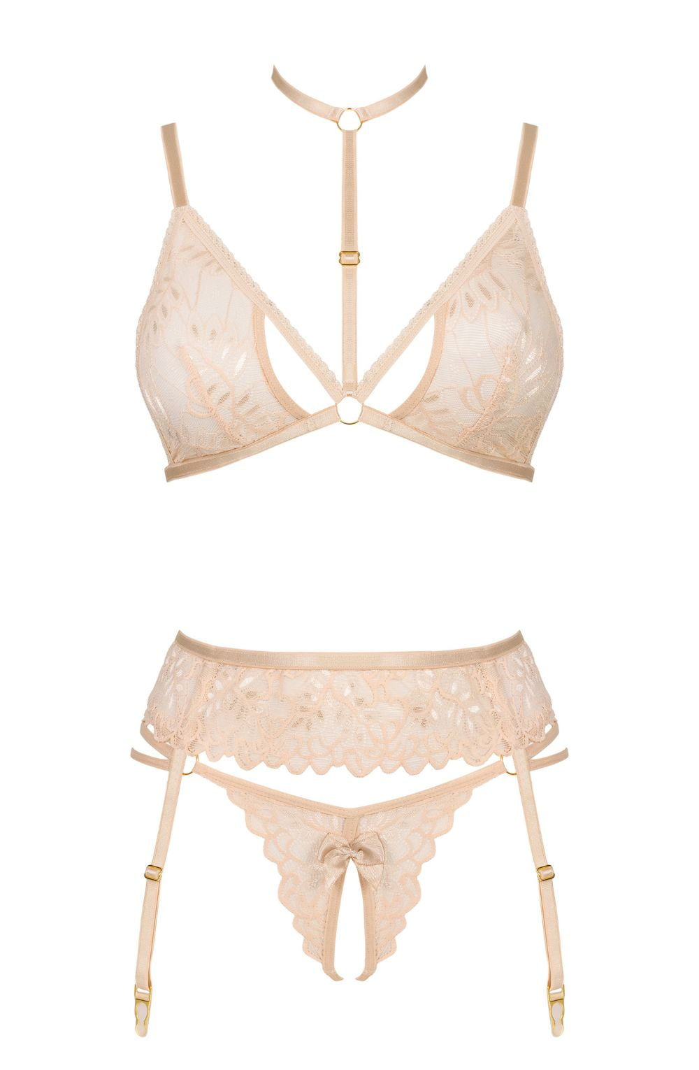 Beauty Night Noemi Nude Lace Nightwear Set with Bra, Matching Brief, and waist detail Belt - Bodybloom