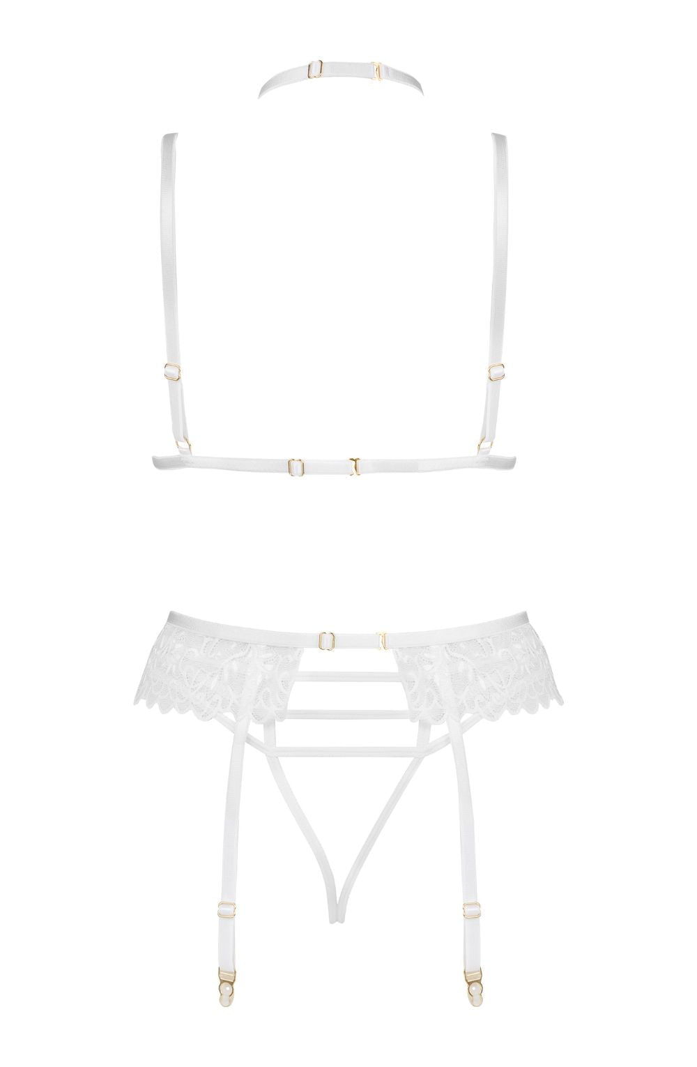 Beauty Night Noemi White Lace Nightwear Set with Bra, Matching Brief, and waist detail Belt - Bodybloom