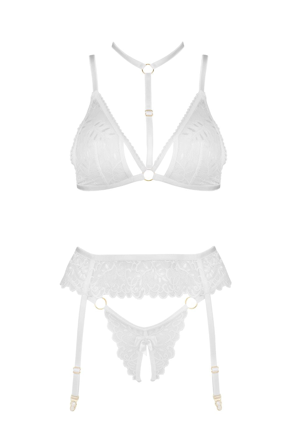 Beauty Night Noemi White Lace Nightwear Set with Bra, Matching Brief, and waist detail Belt - Bodybloom