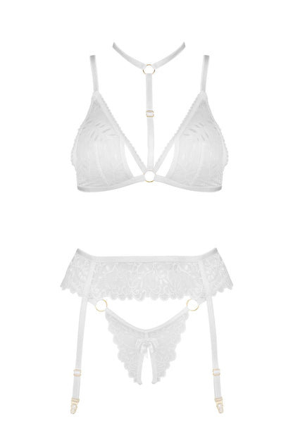 Beauty Night Noemi White Lace Nightwear Set with Bra, Matching Brief, and waist detail Belt - Bodybloom
