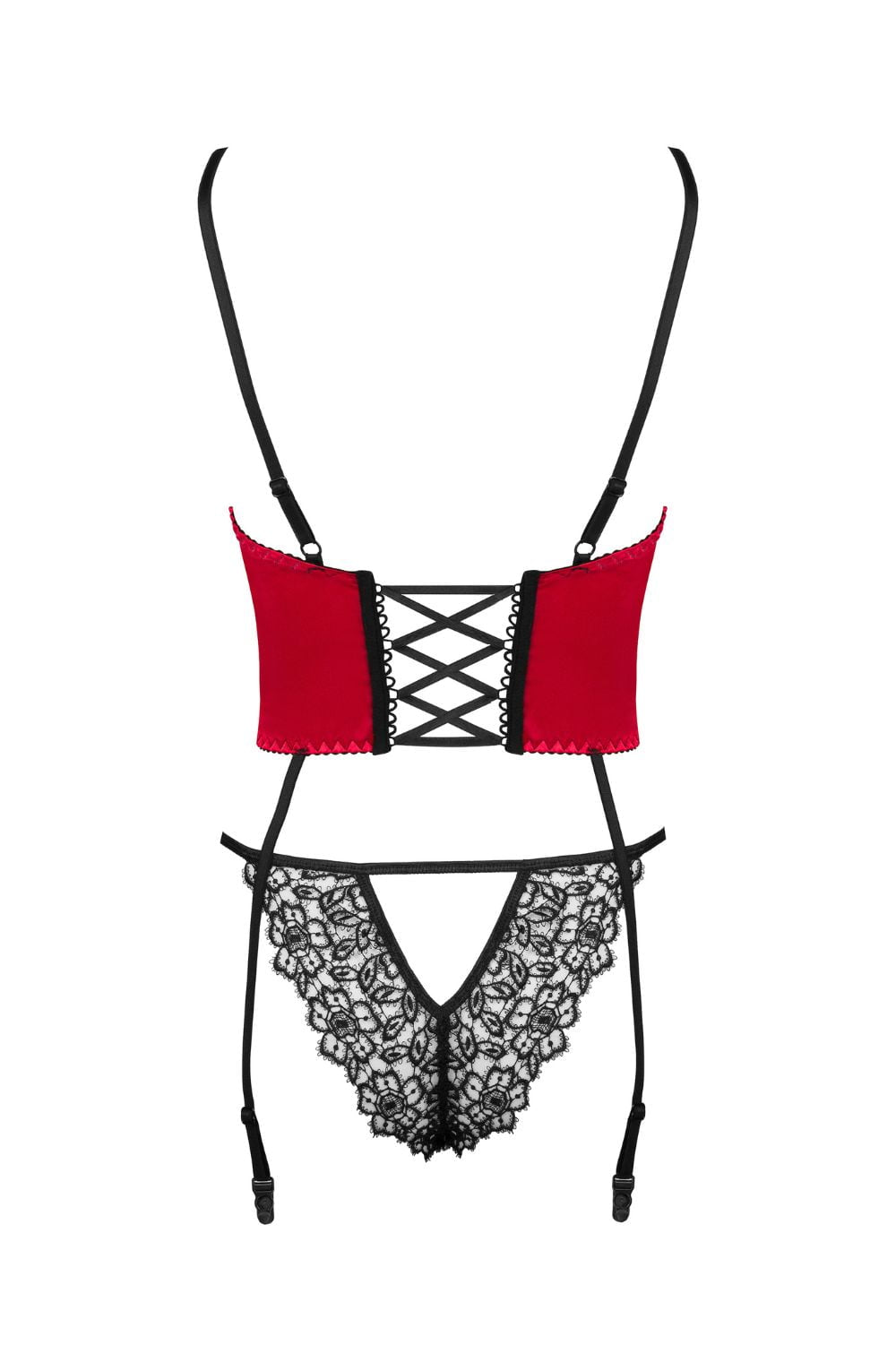 Beauty Night Olena Corset Set Red Satin and Black Guipure Nightwear Set - Bodybloom