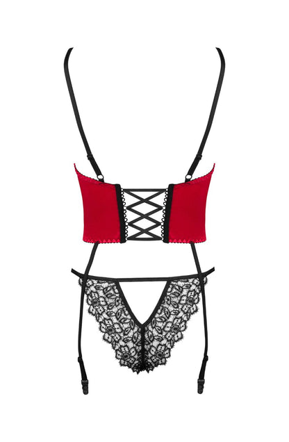 Beauty Night Olena Corset Set Red Satin and Black Guipure Nightwear Set - Bodybloom