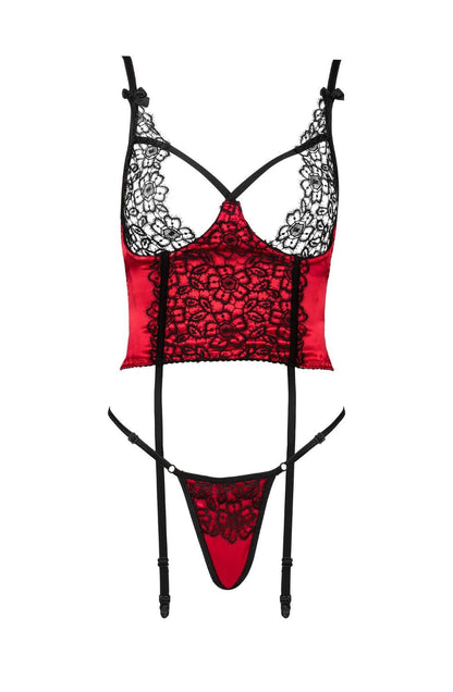 Beauty Night Olena Corset Set Red Satin and Black Guipure Nightwear Set - Bodybloom