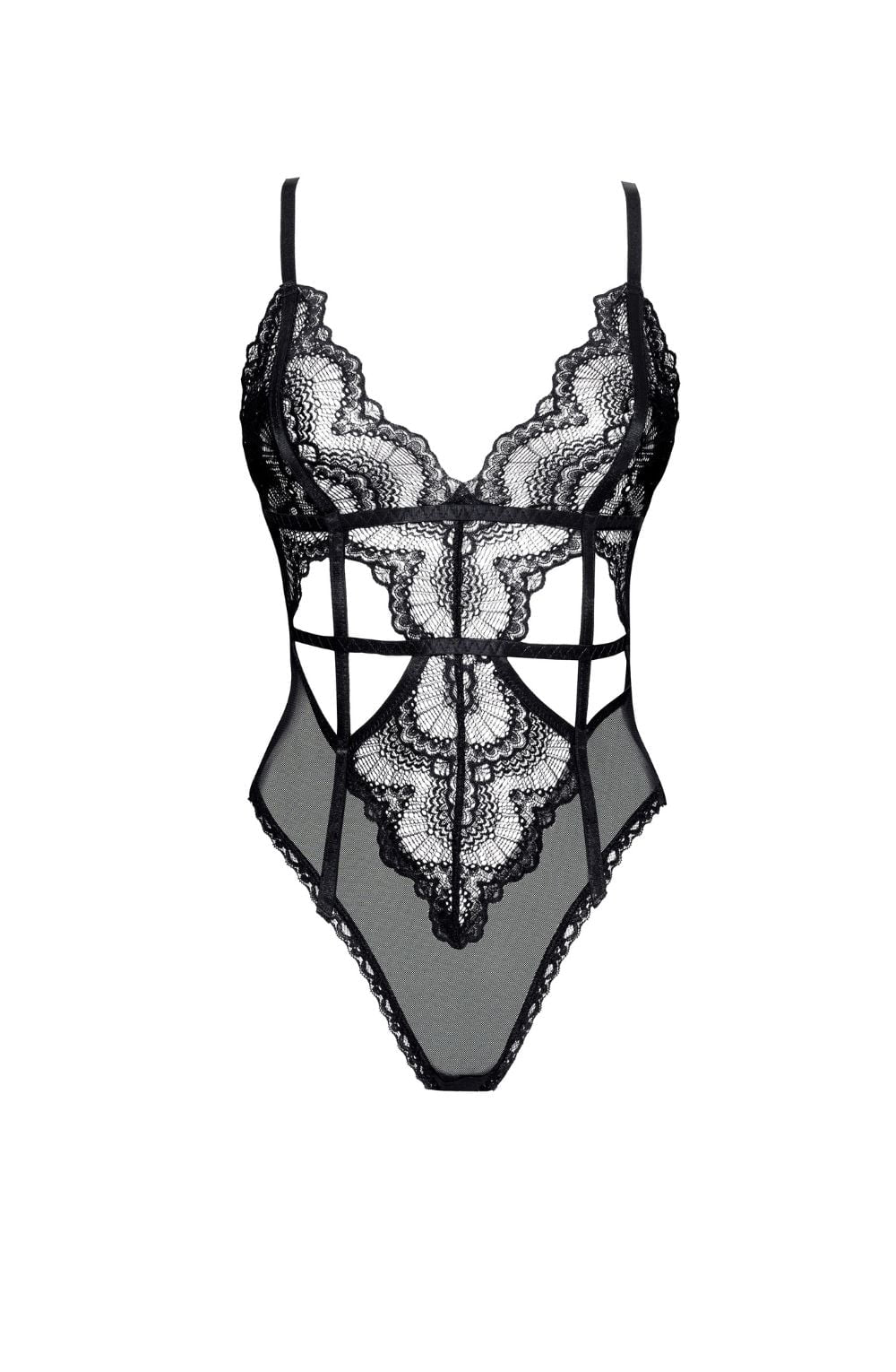 Beauty Night Peyton lightweight mesh Lace Bodysuit with Deep V Neckline and Adjustable Straps - Bodybloom