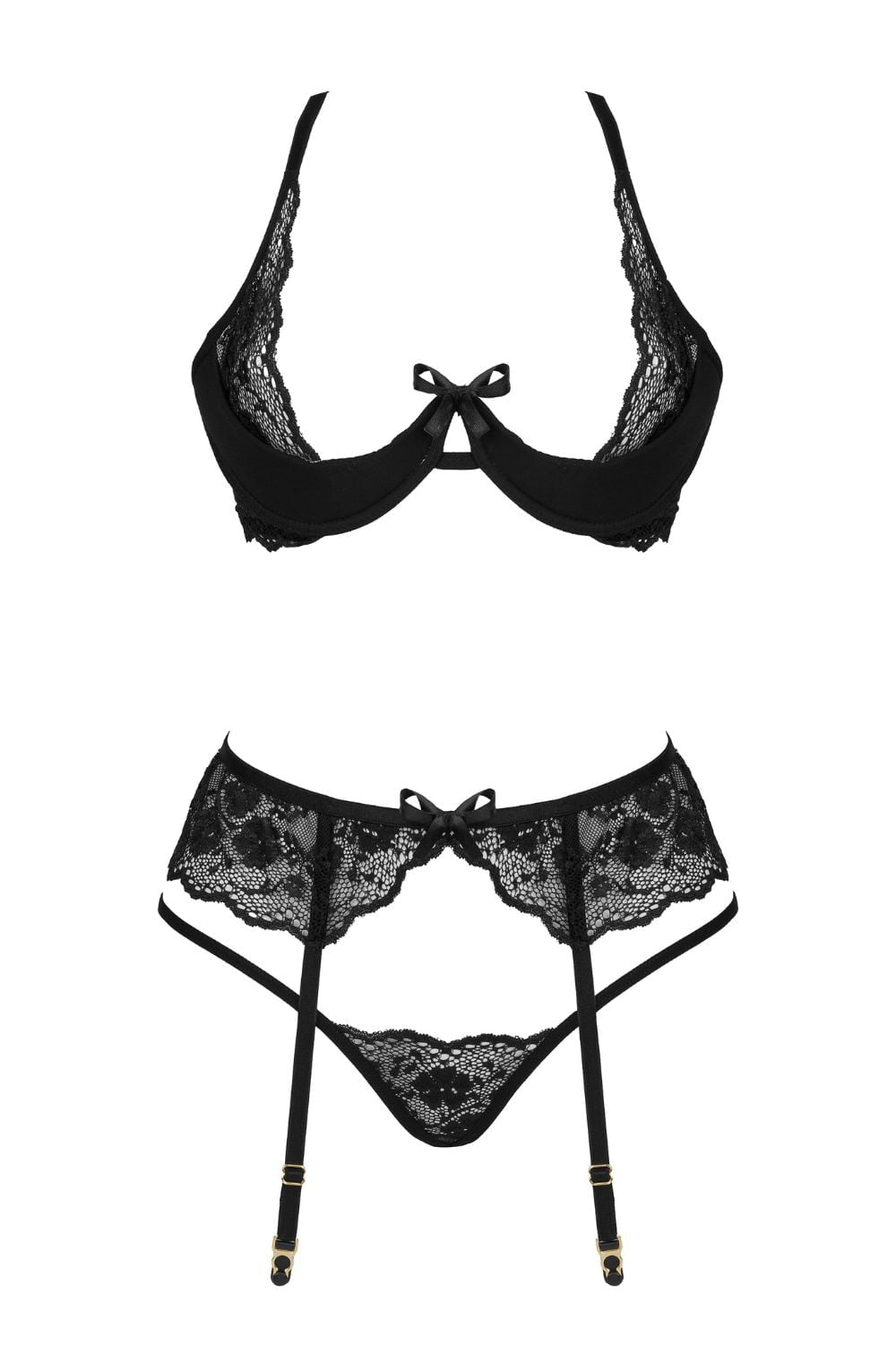 Beauty Night Rose Set Black Lace Bra Matching Brief waist detail Belt Nightwear - Bodybloom