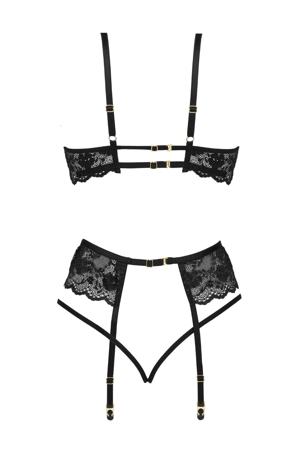 Beauty Night Rose Set Black Lace Bra Matching Brief waist detail Belt Nightwear - Bodybloom