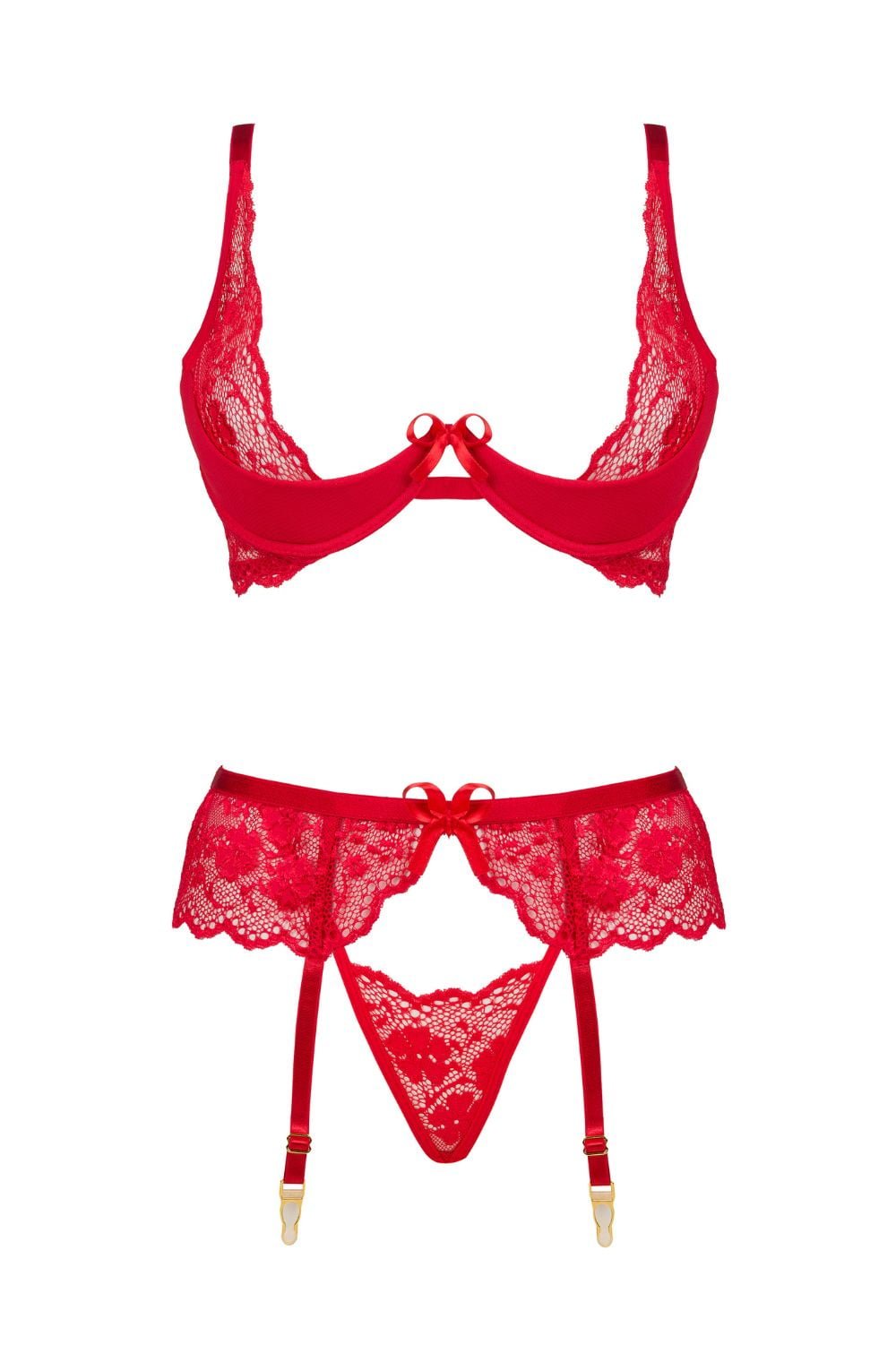 Beauty Night Rose Set Red Lace Bra Matching Brief waist detail Belt Nightwear Set - Bodybloom