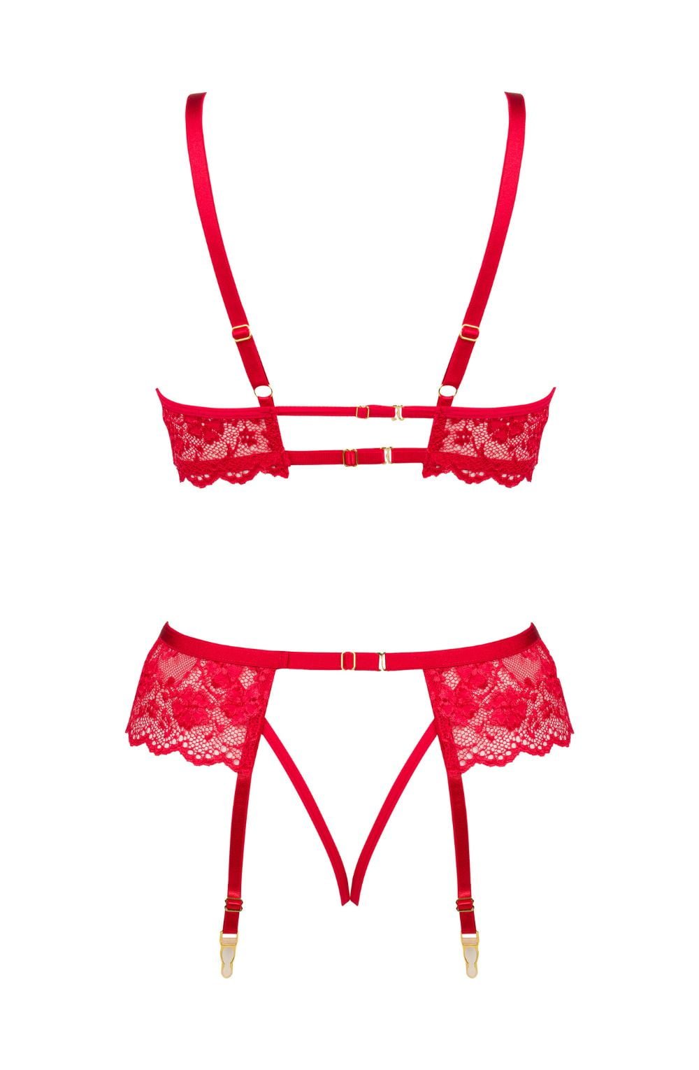 Beauty Night Rose Set Red Lace Bra Matching Brief waist detail Belt Nightwear Set - Bodybloom