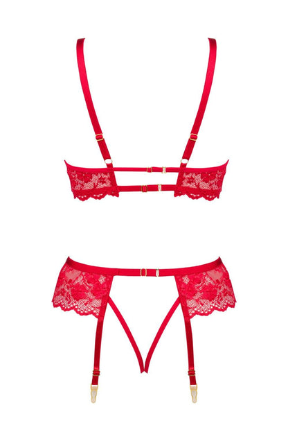 Beauty Night Rose Set Red Lace Bra Matching Brief waist detail Belt Nightwear Set - Bodybloom