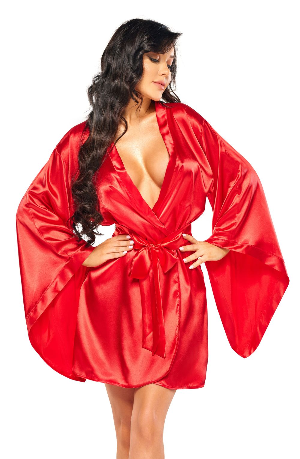 Beauty Night Samira Red Peignoir with Waist Belt and Matching Underwear Set - Bodybloom