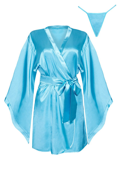 Beauty Night Samira Turquoise Satin Robe with Waist Tie and Matching Brief Set - Bodybloom