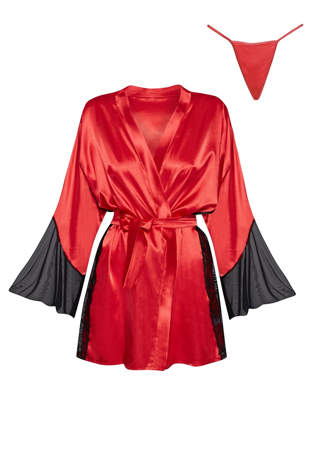 Beauty Night Sara Red Satin Robe with Lace and Mesh Accents Peignoir - Bodybloom