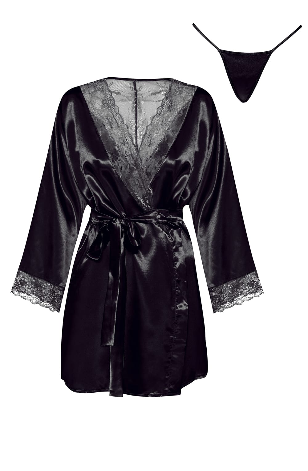 Beauty Night Sherie Black Satin Peignoir with Lace and Matching Underwear - Bodybloom