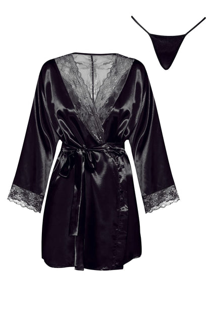 Beauty Night Sherie Black Satin Peignoir with Lace and Matching Underwear - Bodybloom