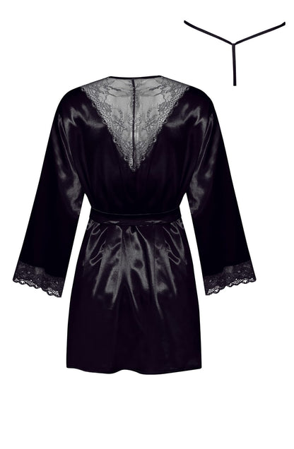 Beauty Night Sherie Black Satin Peignoir with Lace and Matching Underwear - Bodybloom