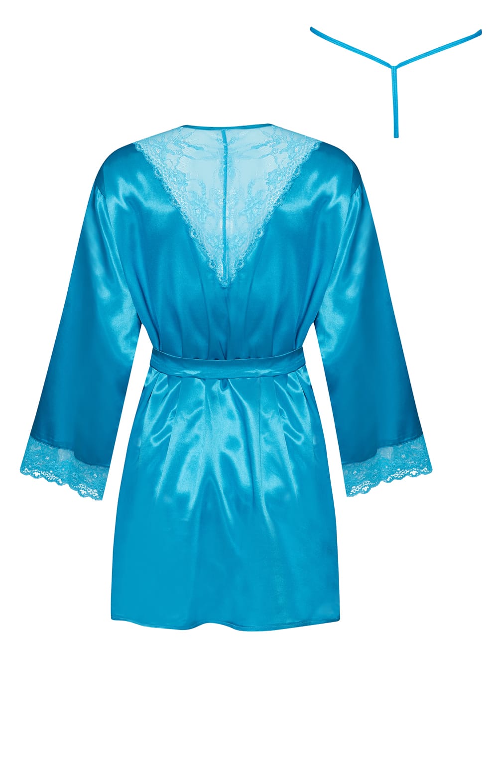 Beauty Night Sherie Turquoise Satin Peignoir Robe with Lace Trim and Matching Underwear Set - Bodybloom