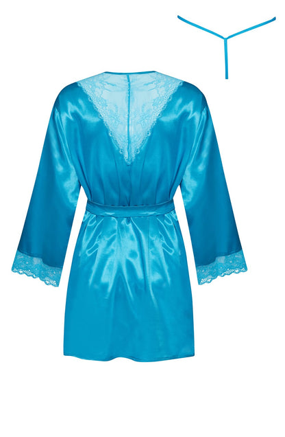 Beauty Night Sherie Turquoise Satin Peignoir Robe with Lace Trim and Matching Underwear Set - Bodybloom
