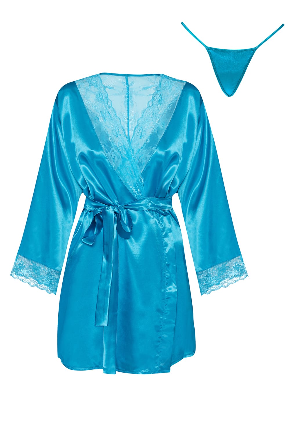 Beauty Night Sherie Turquoise Satin Peignoir Robe with Lace Trim and Matching Underwear Set - Bodybloom