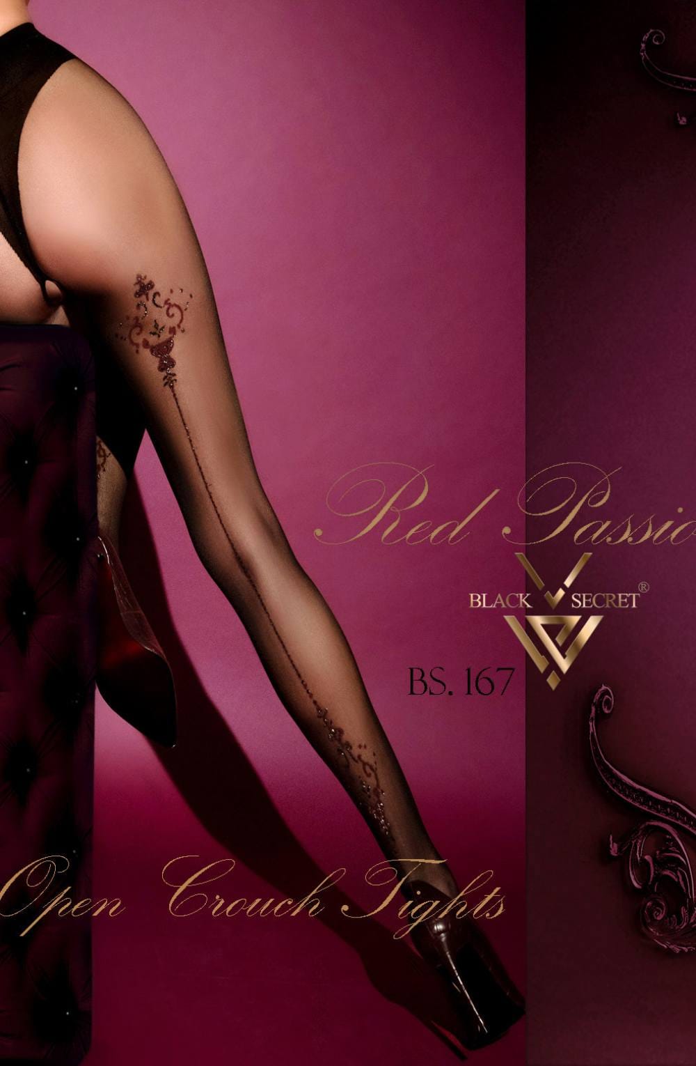 Black Floral Seamed Tights with Berry Red Pattern - Bodybloom