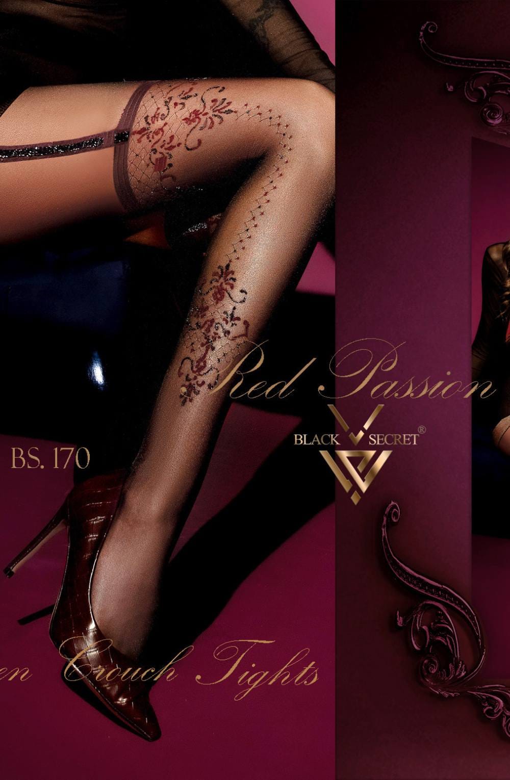 Black lightweight mesh Floral Tights with Berry Rose Pattern - Bodybloom