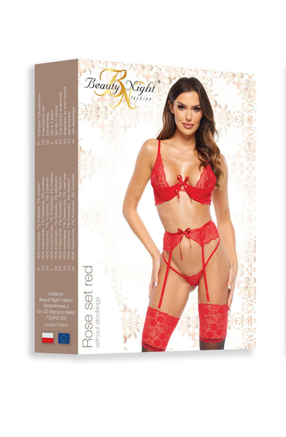 Beauty Night Rose Set Red Lace Bra Matching Brief waist detail Belt Nightwear Set