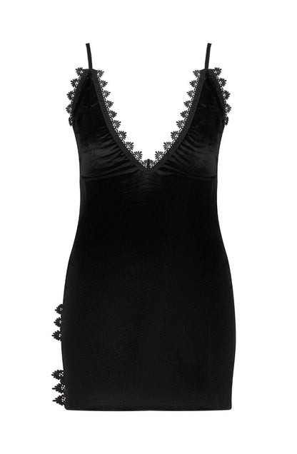 Beauty Night Paloma Velour Dress with Deep Neckline and Guipure Lace Detail